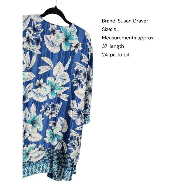 Susan Graver Plus Size 2X Blue White Floral Pattern Open Front Longline - Picture 2 of 8